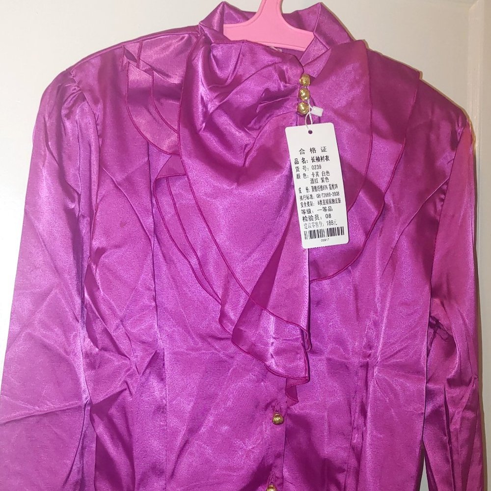 Rose Pink Ruffle Style Button Blouse Stand Collar